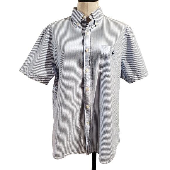 Ralph Lauren Mens Seersucker Stripe Button Down Short Sleeve Shirt Size L Preppy - Picture 1 of 8